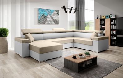 FURNIX U-Form Sofa FLORRI U Polstercouch mit Bettkasten MA120SR21 Weiß-Beige
