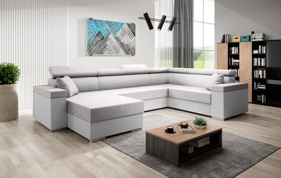 FURNIX U-Form Sofa FLORRI U Polstercouch mit Bettkasten MA120SR83 Weiß-Hellbeige