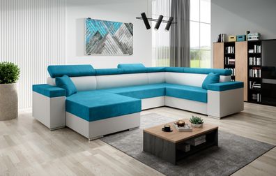 FURNIX U-Form Sofa FLORRI U Polstercouch mit Bettkasten MA120OR85 Weiß-Blau