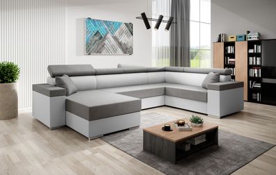 FURNIX U-Form Sofa FLORRI U Polstercouch mit Bettkasten MA120SR90 Weiß-Grau