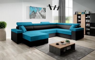 FURNIX U-Form Sofa FLORRI U Polstercouch mit Bettkasten MA1100OR85 Schwarz-Blau