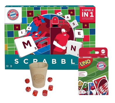 FCB Spiele-Set Scrabble FC Bayern München + UNO & Würfelbecher FCB Würfel Fans