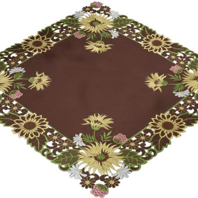 Tischdecke 85x85 cm Braun Stickerei Sonnenblumen Mitteldecke Tischdeko