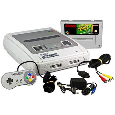 SNES - SUPER Nintendo Konsole + KABEL + Original Controller + SUPER TENNIS