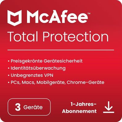 McAfee Total Protection inkl. VPN|3 Geräte|1 Jahr stets aktuell|eMail|ESD