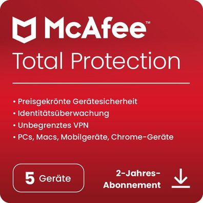 McAfee Total Protection inkl. VPN|5 Geräte|2 Jahre stets aktuell|eMail|ESD