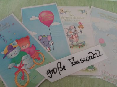 4 alte Grußkarten Geburtstag für Kinder Maus Katze Luftballon Fahrrad Drachen Bär....