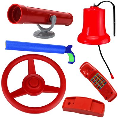 Feuerwehr Set für Spielturm Zubehör rot Lenkrad Fernrohr Glocke Telefon Spritze