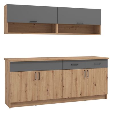 Moderne Küche Holz Eiche 200 cm Küchenzeile ohne Geräte Grau Einbauküche Singleküc...