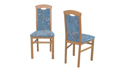 2 x Esszimmerstühle massivholz Eiche NB / Blumen Stoff blau Stuhlset Holzstühle