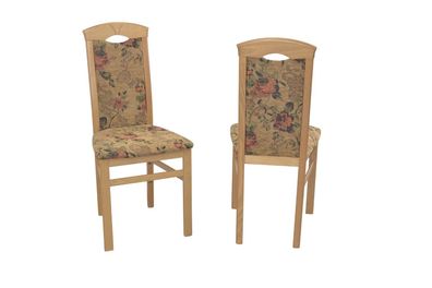 2 x Esszimmerstühle massivholz Eiche NB / Blumen Stoff braun Stuhlset Holzstühle