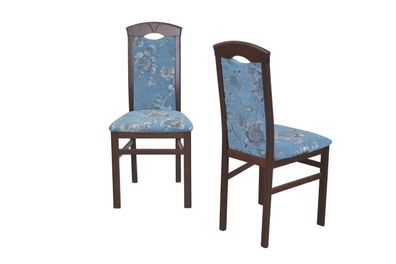 2 x Esszimmerstühle massivholz nußbaum / Blumen Stoff blau Stuhlset Holzstühle