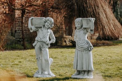 Massive Steinfiguren Statue Junge und Mädchen Pflanzsäulen Steinguss frostsicher