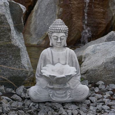 Massiver Stein Buddha klein mit Trinkschale Gartendeko Raumdeko Steinguss frostf