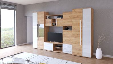 Wohnwand LARS mit Kleiderschrank 80 cm Anbauwand Wohnzimmer-Set TV Schrank LED
