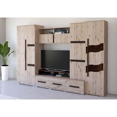Wohnwand Sabrino mit Kleiderschrank Anbauwand Wohnzimmer-Set TV Schrank LED