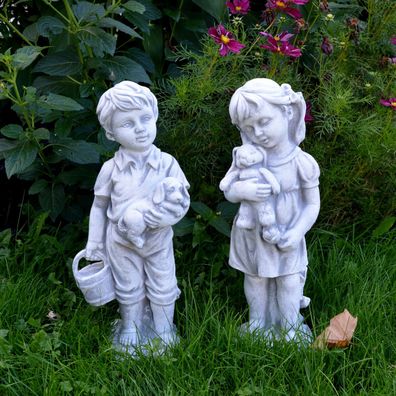 Massive Steinfiguren Set Junge und Mädchen Kinder Statuen aus Steinguss frostfes