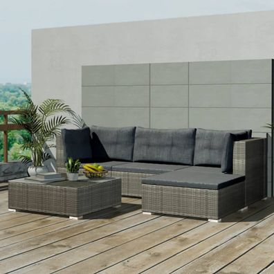 vidaXL 5-tlg. Garten-Lounge-Set mit Auflagen Poly Rattan Grau