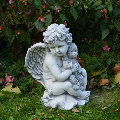 Große Massive Steinfigur Engel mit Teddy Raumdeko Grabdeko aus Steinguss (Gr. 36 cm)