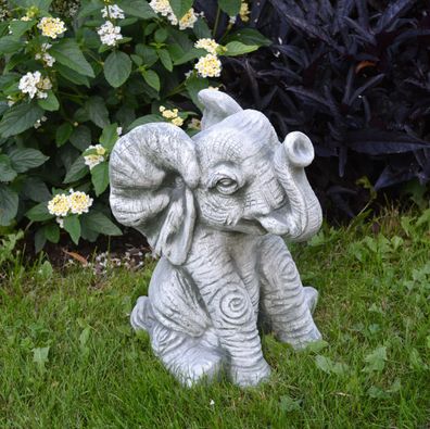 Massive Steinfigur lustiger Elefant Tierfigur Gartendeko aus Steinguss frostfest