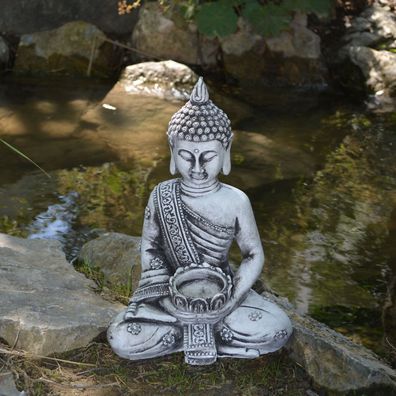 Massiver Steinfigur Stein Buddha klein für Teelicht aus Steinguss frostfest