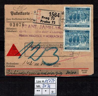 Los H11739: Böhmen & Mähren 2 x Mi. 36, gest. Paketkarte