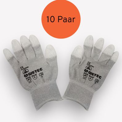 10 Paar WETEC ESD-Handschuhe, PU-beschichtete Fingerkuppen, Carbonfaden Gr. S (Gr. S)