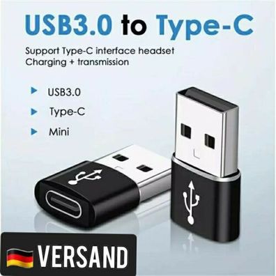 USB-A Stecker auf USB-C Stecker Adapter Konverter Buchse Laden Stick Schwarz DE