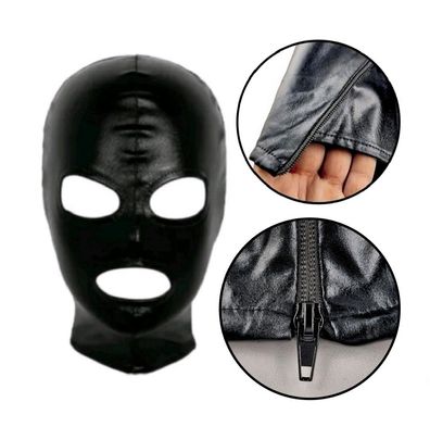 Gesichtsmaske Schwarz Maske mit Reißverschluss Bondage Fetisch Lederlook Wetlook