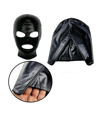 Gesichtsmaske Schwarz Maske mit Reißverschluss Fetisch BDSM Lederlook Wetlook