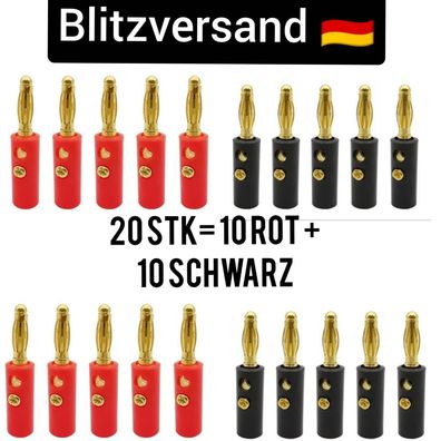 20x Bananenstecker Set Rot + Schwarz Lautsprecherkabel 4mm Gold Bananen Stecker