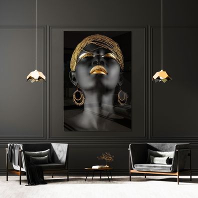 Wandbild Fashion Black Woman Luxury Gold Leinwand, Acrylglas + Aluminium, Poster