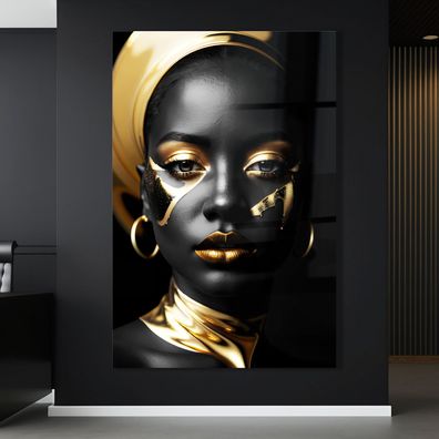 Wandbild Fashion Black Woman Gold Luxury Leinwand, Acrylglas + Aluminium, Poster