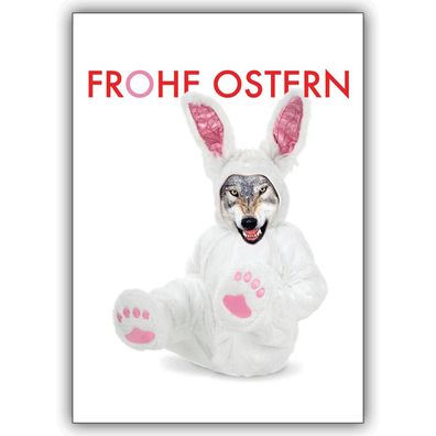 4x Schräge Osterkarte mit Wolf im Osterhasen Pelz: Frohe Ostern
