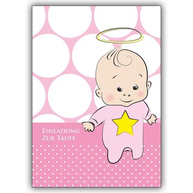 4x Süße Baby Tauf Einladungskarte mit Baby-Girl und Heiligenschein