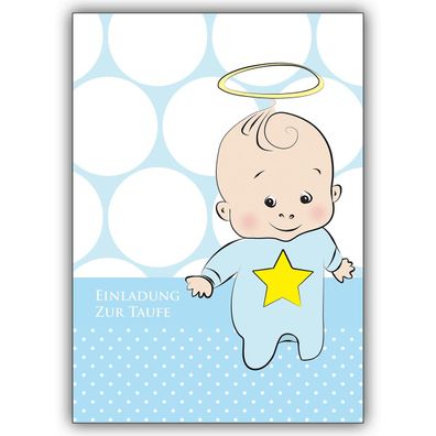 4x Süße Baby Tauf Einladungskarte für Buben Baby Boy und Heiligenschein