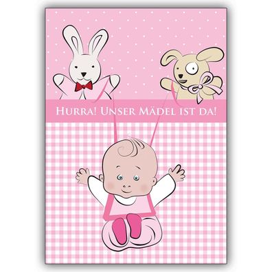 4x Süße Babykarte (Mädchen) zur Geburt mit Stofftieren: Hurra!