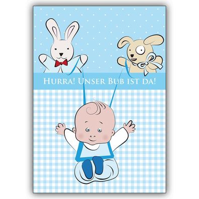 4x Süße Babykarte (Junge) zur Geburt mit Stofftieren: Hurra!
