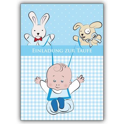 4x Tolle Einladungskarte zur Taufe (Mädchen) mit Baby und Stofftieren