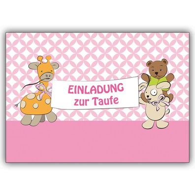 4x Süße Einladungskarte zur Taufe (Mädchen) Stofftiere auf rosa