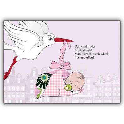 Süße Baby Mädchen Glückwunschkarte zur Geburt in rosa mit Storch