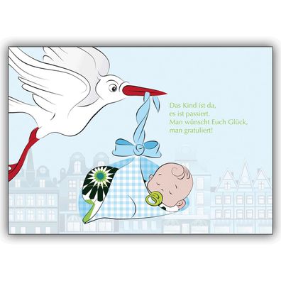 4x Süße Baby Jungen Glückwunschkarte zur Geburt hellblau mit Storch