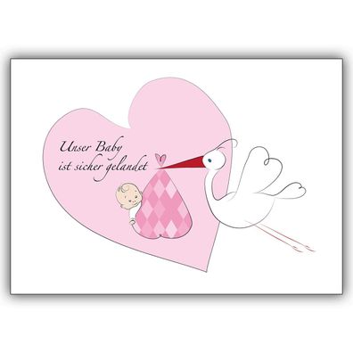 4x Süße Geburtsanzeige mit rosa Herz: Unser Baby ist sicher gelandet