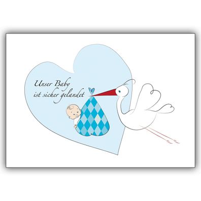 4x Niedliche Jungen Geburtsanzeige mit blauem Herz: Unser Baby