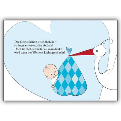 4x Schöne Babykarte (Junge) Baby-Boy und Storch: Der kleine Schatz