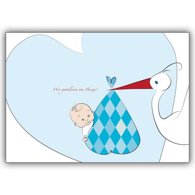 4x Tolle Babykarte mit Baby Boy, Herz und Storch: Wir gratulieren