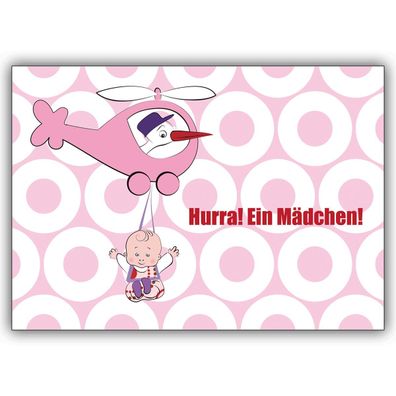 4x Super süße Mädchen Babykarte mit Storch im Helikopter: Hurra!