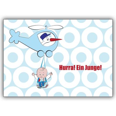 4x Super süße Buben Babykarte mit Storch im Helikopter: Hurra!
