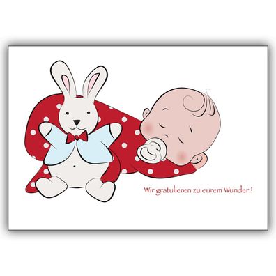 4x Liebevolle Babykarte, Glückwunschkarte zur Geburt mit Schlaf-Baby