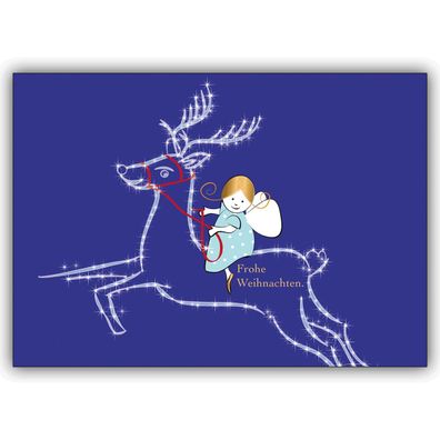 4x Süße Weihnachtskarte mit kleinem Engel und Rentier reitet